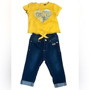 DKNY Girls Matching Set with Yellow T shirt and Denim Jeans. Size: 12M.